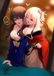  2girls ^^^ absurdres bangs black_bra black_hair blonde_hair blue_kimono bow bow_bra bra breasts cleavage commentary_request grey_hakama hair_between_eyes hair_ribbon hakama hakama_skirt heart highres inoue_takina japanese_clothes kimono long_sleeves lycoris_recoil medium_breasts multiple_girls nishikigi_chisato off_shoulder one_eye_closed purple_eyes red_eyes red_kimono red_ribbon ribbon saliva saliva_trail shimmer skirt sleeves_past_wrists spoken_heart tongue tongue_out underwear white_bra wide_sleeves yuri 