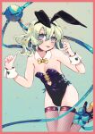  1girl :p animal_ears border bow breasts culotte_(hosenrock) detached_collar fishnets highres komeiji_koishi looking_at_viewer playboy_bunny rabbit_ears small_breasts solo strapless thighhighs tongue tongue_out touhou wrist_cuffs 