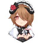  1girl artist_name atsuyuki bangs breasts brown_hair cleavage closed_mouth dress flower frilled_dress frills hair_flower hair_ornament hair_over_one_eye highres honkai_(series) honkai_impact_3rd looking_at_viewer maid mole mole_under_eye purple_eyes red_flower red_rose rita_rossweisse rita_rossweisse_(umbral_rose) rose short_hair simple_background smile solo upper_body white_background 