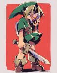  2020 belt blue_eyes boots clothing enotou_moi footwear green_clothing hair hat headgear headwear hi_res holding_object holding_sword holding_weapon humanoid humanoid_pointy_ears hylian male mask melee_weapon nintendo not_furry shield solo sword the_legend_of_zelda video_games weapon young_link 