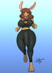  2022 anthro bakuhaku big_breasts big_penis bottomwear breasts brown_body brown_fur brown_hair bulge clothed clothing digital_media_(artwork) erection erection_under_clothing fur genital_outline genitals gynomorph hair hare hi_res huge_penis intersex jogging lagomorph leporid long_ears long_hair long_penis mammal pants penis penis_outline solo wide_hips yoga_pants 