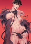  1boy abs bara belial_(granblue_fantasy) belial_(summer)_(granblue_fantasy) black_hair black_jacket black_male_swimwear bulge feather_boa granblue_fantasy highres holding holding_eyewear jacket large_pectorals male_focus male_swimwear muscular muscular_male navel nipples off_shoulder open_clothes pectorals red_eyes short_hair solo soumaa sunglasses swim_briefs tongue tongue_out zipper zipper_pull_tab 