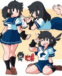  &gt;_&lt; 1girl arm_behind_back arm_support arm_warmers arms_at_sides bangs black_eyes black_hair black_nails black_socks blue_neckerchief blue_sailor_collar blue_skirt breasts brown_footwear chibi closed_eyes closed_mouth commentary cowboy_shot crab english_commentary feet_up from_behind from_side full_body hair_between_eyes hair_bun hair_down hand_up holding holding_pencil kneepits loafers long_hair looking_ahead looking_at_viewer looking_back lucia_(scott_malin) lying medium_breasts miniskirt multiple_views nail_polish neckerchief on_floor on_stomach one_eye_closed open_mouth original outline pencil pencil_to_face pleated_skirt profile round_teeth sailor_collar school_uniform scott_malin serafuku shirt shoes short_sleeves sidelocks simple_background sitting skirt smile socks straight_hair studying tearing_up teeth tented_shirt textbook tsurime two-tone_background upper_teeth wariza white_background white_outline white_shirt yellow_background 