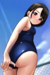  1girl absurdres ass bangs bare_shoulders black_hair blue_sky blue_swimsuit blurry blurry_background blush breasts brown_eyes clothes_pull cloud commentary_request cowboy_shot day from_below full-face_blush highres looking_at_viewer matsunaga_kouyou one-piece_swimsuit original school_swimsuit short_hair sky smile solo standing swept_bangs swimsuit swimsuit_pull 