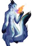  anthro blue_body blue_fur dragon fire fluffy fluffy_tail fur furred_dragon hi_res horn male shaded solo 