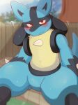  2022 ai_only_dream amber_eyes anthro black_body black_inner_ear blue_body blue_ears blue_sky blue_tail blurred_background blush chest_spike cloud day eyebrows featureless_crotch fur hi_res looking_at_viewer lucario nintendo outside pok&eacute;mon pok&eacute;mon_(species) question_mark sitting sky solo spikes spikes_(anatomy) video_games 