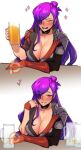  1girl alcohol armor asymmetrical_clothes bangs beer beer_mug blush breasts cape choker cleavage closed_eyes cup drinking drunk fire_emblem fire_emblem:_three_houses fire_emblem_warriors:_three_hopes gloves hair_bun hair_over_one_eye holding holding_cup kukumomo large_breasts long_hair looking_at_viewer mug open_mouth purple_eyes purple_hair seductive_smile shez_(fire_emblem) shez_(fire_emblem)_(female) simple_background single_hair_bun sitting smile 