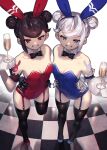  2girls absurdres animal_ears bangs bare_shoulders black_hair black_thighhighs blue_eyes bow bowtie breasts champagne_flute checkered_floor cup detached_collar double_bun drinking_glass fake_animal_ears garter_straps grin hair_bun hair_ornament hairclip highres multiple_girls nakanishi_tatsuya original playboy_bunny rabbit_ears red_eyes smile thighhighs tray white_hair 