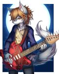 amber_eyes anthro brown_hair canid canine canis claws clothing guitar hair hi_res japanese_text kintaurus_(show_by_rock!!) male mammal moon musical_instrument night plucked_string_instrument short_hair show_by_rock!! solo string_instrument text wolf 
