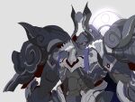  1boy absurdres armor cape fate/grand_order fate_(series) full_armor grey_background highres kloah male_focus minamoto_no_tametomo_(fate) purple_eyes solo upper_body 