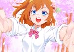  1girl bangs blue_eyes breasts cherry_blossoms commentary flower hair_flower hair_ornament kousaka_honoka looking_at_viewer love_live! love_live!_school_idol_project one_side_up orange_hair round_teeth short_hair sidelocks small_breasts solo teeth tree tsunemi_aosa upper_body 