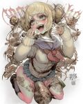  1girl absurdres artist_name bangs black_socks blonde_hair blunt_bangs boku_no_hero_academia double_bun flower hair_bun highres knife long_sleeves open_mouth parkjinsuky pleated_skirt skirt sleeves_past_wrists socks solo syringe thighs toga_himiko tongue tongue_out white_background 