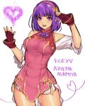  1girl asamiya_athena blush breasts character_name clothing_cutout fingerless_gloves gloves hair_ornament hairband halter_top halterneck heart highres looking_at_viewer medium_breasts open_mouth pink_hairband pink_shirt purple_eyes purple_hair red_gloves salute sasha_nami shirt shoulder_cutout smile solo star_(symbol) star_hair_ornament the_king_of_fighters the_king_of_fighters_xv white_background 