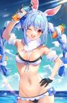 1girl ;d absurdres animal_ear_fluff animal_ears arm_up bangs bare_shoulders bikini black_gloves blue_hair blue_sky bottle braid breasts carrot_hair_ornament carrot_juice cloud commentary_request cowboy_shot day detached_sleeves don-chan_(usada_pekora) extra_ears food-themed_hair_ornament frilled_sleeves frills gloves goroo_(eneosu) hair_ornament hand_on_hip highres holding holding_bottle hololive long_hair looking_at_viewer medium_breasts multicolored_hair navel ocean one_eye_closed puffy_short_sleeves puffy_sleeves rabbit_ears red_eyes short_sleeves sky smile solo standing stomach strapless strapless_bikini swimsuit thick_eyebrows twin_braids twintails two-tone_hair usada_pekora virtual_youtuber wet white_bikini white_hair 
