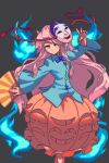  1girl black_background blue_bow blue_bowtie blue_shirt bow bowtie bubble_skirt collared_shirt folding_fan hand_fan hata_no_kokoro holding holding_fan long_hair long_sleeves looking_at_viewer mask mask_on_head noh_mask orange_skirt pink_eyes pink_hair pixel_art potemki11 shirt simple_background skirt solo touhou 