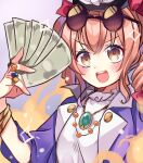  1girl black_headwear blush brown_eyes coat dress glasses hair_between_eyes hat high_collar highres holding holding_money jewelry light_brown_hair long_hair long_sleeves meimei_(meimei89008309) money necklace open_mouth purple_coat ring round_eyewear round_teeth smile solo teeth top_hat touhou upper_body upper_teeth white_dress yorigami_jo&#039;on 