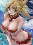  1girl alternate_breast_size bandeau bangs bare_shoulders beach blonde_hair blue_sky blush braid breasts cleavage detached_collar detached_sleeves fate/apocrypha fate/grand_order fate_(series) french_braid green_eyes highres large_breasts leaning_forward long_hair looking_at_viewer mordred_(fate) mordred_(fate/apocrypha) navel ocean open_mouth parted_bangs ponytail sidelocks sky solo suishougensou thighs wading wet 