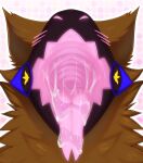  anthro blush bodily_fluids brown_body brown_fur female food forked_tongue fruit fur hazelnut hi_res machine nut_(fruit) open_mouth pacothegint pink_mouth plant protogen protogen_visor saliva saliva_string solo throat tongue tongue_out 