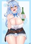  1girl blue_background blue_hair bottle breast_grab breasts bust_cup cleavage cleavage_cutout clothing_cutout flower grabbing hair_flower hair_ornament highres hololive large_breasts long_hair looking_at_viewer sake_bottle short_sleeves skirt solo thanaphondeech1 virtual_youtuber yellow_eyes yukihana_lamy 