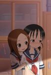  2girls absurdres aki_(yunkana) black_eyes black_hair blush brown_eyes brown_hair classroom commentary_request hand_under_clothes highres indoors karakai_jouzu_no_takagi-san looking_away mano-chan multiple_girls parted_lips school_uniform sweat takagi-san translation_request yuri 