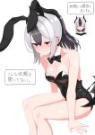  1girl :c animal_ears bangs bare_shoulders black_bow black_bowtie black_hair black_leotard blue_archive blush bow bowtie breasts cleavage collarbone detached_collar ear_piercing fake_animal_ears feet_out_of_frame grey_hair hal_(ojou) horns invisible_chair kayoko_(blue_archive) leotard long_hair low_wings mole_on_shoulder multicolored_hair nose_blush piercing playboy_bunny ponytail rabbit_ears red_eyes sidelocks simple_background single_wing sitting small_breasts sweatdrop translation_request two-tone_hair white_background wings 