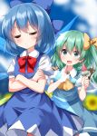  2girls blue_bow blue_dress blue_hair blue_skirt blue_vest blush bow cirno closed_eyes closed_mouth collared_shirt daiyousei dress fairy fairy_wings food green_eyes green_hair hair_between_eyes hair_bow highres holding holding_food ice ice_wings long_hair multiple_girls open_mouth popsicle puffy_short_sleeves puffy_sleeves ruu_(tksymkw) shirt short_hair short_sleeves side_ponytail skirt touhou vest watermelon_bar white_shirt wings 