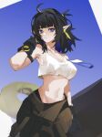  1girl ahoge arknights arm_strap bare_arms bare_shoulders black_gloves black_hair blue_hair breasts brown_pants camisole commentary_request cowboy_shot crop_top crop_top_overhang eunectes_(arknights) eunectes_(forgemaster)_(arknights) gloves hand_up large_breasts looking_at_viewer midriff multicolored_hair navel official_alternate_costume pants pashanghuohewanglaoji pointy_ears purple_eyes short_hair snake_tail solo spaghetti_strap standing stomach tail 