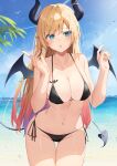  1girl absurdres bangs bikini black_bikini blonde_hair blue_eyes blush breasts chest_tattoo cleavage collarbone demon_girl demon_horns demon_tail demon_wings highres hololive horns large_breasts long_hair looking_at_viewer open_mouth outdoors pointy_ears revision side-tie_bikini solo string_bikini swimsuit taht_(that_is_mm) tail tattoo virtual_youtuber wings yuzuki_choco 