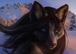  anthro blue_eyes canid canine female fox furnpixels mammal mondeis mountain painting portrait red_fox silver_fox snow solo wind 