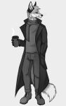  absurd_res anthro autumn beverage black_and_white black_nose boots bottomwear canid canine clothing coat coffee coffee_cup container cup dark_ears dipstick_tail footwear fox head_tuft hi_res jacket jakkals_van_der_bergh_(doppelfoxx) kikonine male mammal markings monochrome neck_fur pants scarf sketch solo standing sweater tail_markings topwear trenchcoat tuft whiskers 