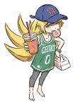  1girl barefoot baseball_cap basketball_jersey blonde_hair blush_stickers boston_celtics boston_red_sox bracelet coffee doughnut dunkin&#039;_donuts english_commentary fang food hat highres jewelry leggings long_hair monogatari_(series) oshino_shinobu simple_background truffleduster white_background yellow_eyes 