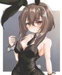  1girl alternate_costume animal_ears black_necktie blush breast_padding breasts brown_eyes brown_hair cuff_links detached_collar embarrassed fake_animal_ears headband kantai_collection kasashi_(kasasi008) necktie pantyhose playboy_bunny rabbit_ears rabbit_tail small_breasts solo strap taihou_(kancolle) tail upper_body 