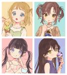 4girls :o bangle bangs blue_eyes blunt_bangs blush bow bracelet brown_hair clothing_cutout criss-cross_halter cup double_scoop dress earrings food frilled_dress frills green_eyes hair_ornament hair_ribbon hair_tie hairclip halterneck highres holding holding_cup holding_ice_cream holding_spoon hoop_earrings ice_cream ice_cream_cone ice_cream_cup jewelry licking long_hair looking_at_viewer mameyanagi multicolored_hair multiple_girls nail_polish o-ring off-shoulder_dress off_shoulder one_side_up open_mouth original parted_bangs pinafore_dress pink_hair plaid plaid_dress polka_dot_sleeves puffy_short_sleeves puffy_sleeves purple_eyes ribbon see-through see-through_sleeves short_hair short_ponytail short_sleeves shoulder_cutout skirt sleeveless sleeveless_turtleneck smile spoon streaked_hair sweat sweater tongue tongue_out triple_scoop turtleneck turtleneck_sweater twintails two-tone_hair very_long_hair yellow_eyes zipper_pull_tab 