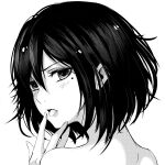  1girl aboart00 absurdres bangs bare_shoulders from_behind greyscale hair_between_eyes highres medium_hair mole mole_under_eye monochrome open_mouth original portrait shiny shiny_hair solo straight_hair tongue tongue_out white_background 
