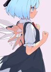  1girl blue_bow blue_dress blue_eyes blue_hair blush bow cirno closed_mouth dress fairy grey_background hair_bow huxiao_(mistlakefront) ice ice_wings puffy_short_sleeves puffy_sleeves short_hair short_sleeves signature simple_background smile solo touhou wings 
