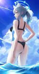  1girl absurdres animal_ear_fluff animal_ears arm_at_side ass backless_swimsuit bare_arms bare_back bare_shoulders blue_archive blue_eyes blue_sky blush breasts bright_pupils cloud cloudy_sky competition_swimsuit contrail contrapposto cowboy_shot cross_hair_ornament day extra_ears grey_hair hair_ornament halo hand_on_headwear highres lens_flare looking_back median_furrow medium_breasts medium_hair one-piece_swimsuit outdoors parted_lips ponytail rianya07 shiroko_(blue_archive) shiroko_(swimsuit)_(blue_archive) shoulder_blades sidelocks sky solo sunlight swimsuit thighs two-tone_swimsuit wading wet white_pupils x_hair_ornament 