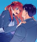  1boy 1girl black_hair blue_background blue_bow blue_jacket blue_shirt blue_skirt blush bow breasts commentary gekkan_shoujo_nozaki-kun hair_bow hands_on_another&#039;s_shoulders highres jacket long_hair long_sleeves looking_at_another nozaki_umetarou open_mouth orange_hair pleated_skirt polka_dot polka_dot_bow purple_eyes rouman_academy_uniform sakura_chiyo school_uniform shirt short_hair simple_background skirt wangcheolgab 