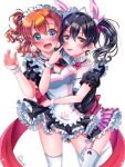  2girls :o absurdres black_hair blue_eyes blush bow bowtie breasts chelsea0327 cleavage collarbone frilled_skirt frills garter_straps hair_between_eyes highres index_finger_raised kousaka_honoka love_live! medium_breasts mogyutto_&quot;love&quot;_de_sekkin_chuu! multiple_girls orange_hair pink_bow pink_skirt red_bow red_bowtie red_eyes short_sleeves signature simple_background skirt standing sweatdrop thighhighs tongue tongue_out twintails white_background white_thighhighs wristband yazawa_nico 
