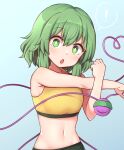  1girl alternate_costume bright_pupils crop_top english_commentary eyeball green_eyes green_hair komeiji_koishi leggings looking_at_viewer midriff navel no_headwear open_mouth pants short_hair solo sports_bra sportswear stomach tank_top third_eye touhou upper_body white_pupils wool_(miwol) yellow_sports_bra yellow_tank_top yoga_pants 