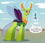  2022 aarondrawsarts absurd_res antlers arthropod changeling dialogue feral friendship_is_magic glowing_anthers green_body hasbro hi_res horn insect_wings magic male multicolored_body my_little_pony open_mouth open_smile photo purple_eyes signature smile solo thorax_(mlp) wallet wings 