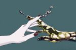  2others androgynous blue_background cinnabar_(houseki_no_kuni) from_side golden_arms hand_focus highres houseki_no_kuni imminent_hand_holding liquid mercury_(element) mt5_014 multiple_others other_focus out_of_frame phosphophyllite red_nails simple_background spoilers 