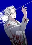  1boy arm_up black-framed_eyewear blood blood_on_clothes blue_background blue_eyes glasses gradient gradient_background green_shirt highres kanou_aogu labcoat long_sleeves looking_at_viewer male_focus open_clothes open_mouth saibou_shinkyoku shirt short_hair simple_background solo wangcheolgab white_hair 