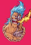  1boy blue_eyes blue_hair chain_necklace commentary_request cropped_torso cyborg damaged fire franky hair_strand hashi84e highres injury jewelry long_sideburns male_focus mechanical_parts necklace one_piece pink_background short_hair sideburns smile solo 