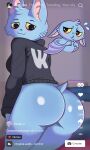  2022 anthro batsy_(vkontakte) black_eyes blue_body blue_fur blush bottomless breasts budda butt chiropteran clothed clothing emote female fur mammal rear_view simple_background smile solo sweater topwear vkontakte yellow_sclera 