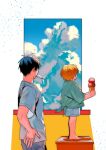  2boys absurdres barefoot black_hair blonde_hair blue_shorts child cloud commentary day facing_away food food_in_mouth gash_bell green_shirt grey_shirt hand_on_hip highres holding holding_food holding_ice_cream ice_cream ice_cream_cone konjiki_no_gash!! korean_commentary male_child male_focus mouth_hold multiple_boys popsicle shirt short_hair short_sleeves shorts simple_background standing takamine_kiyomaro tied_shirt wangcheolgab white_background 