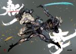  2boys armor bangs black_eyes black_hair closed_mouth cyborg eyepatch full_body grey_background grey_hair holding holding_sword holding_weapon katana long_hair medium_hair metal_gear_(series) metal_gear_rising:_revengeance multiple_boys ninja raiden_(metal_gear) red_eyes samuel_rodrigues sheath short_ponytail sword the-hary weapon 