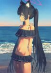  1girl animal_ear_fluff animal_ears arms_behind_back bangs bare_shoulders beach bikini black_bikini black_hair blue_archive blue_ribbon breasts cat_ears collarbone cowboy_shot expressionless frilled_bikini frills hair_ribbon hair_tie halo highres horizon light_blush long_hair looking_away navel ocean off-shoulder_bikini off_shoulder official_alternate_costume red_eyes ribbon serika_(blue_archive) serika_(swimsuit)_(blue_archive) skinny sky small_breasts solo standing staring sunset swimsuit twintails wasabi60 waves 