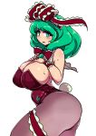  bangs bow breasts cleavage enajii frilled_ribbon frills front_ponytail green_eyes green_hair hair_bow hair_ribbon highres kagiyama_hina large_breasts medium_hair playboy_bunny red_ribbon ribbon simple_background touhou white_background 