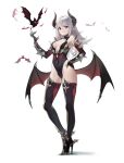  1girl absurdres bangs bare_shoulders bat_(animal) black_footwear black_leotard boots breasts breasts_apart chukibabo2 claw_ring cleavage_cutout clothing_cutout covered_navel demon_girl demon_horns demon_wings earrings elbow_gloves full_body gloves grey_hair grin hair_between_eyes hand_on_hip high_heel_boots high_heels highleg highleg_leotard highres horns jewelry leotard long_hair low_wings medium_breasts original pointy_ears red_eyes simple_background smile solo thigh_boots white_background wings 