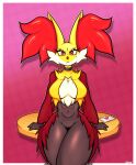  &lt;3 3_fingers anthro beauty_mark breasts canid canine choker cleavage clothed clothing delphox digital_media_(artwork) eyelashes female fingers fur furniture goth half-closed_eyes hi_res inner_ear_fluff jewelry leaning leaning_on_table letter looking_at_viewer mahoxy mammal medium_breasts narrowed_eyes navel necklace nintendo pok&eacute;mon pok&eacute;mon_(species) ring_(jewelry) solo table tuft video_games 